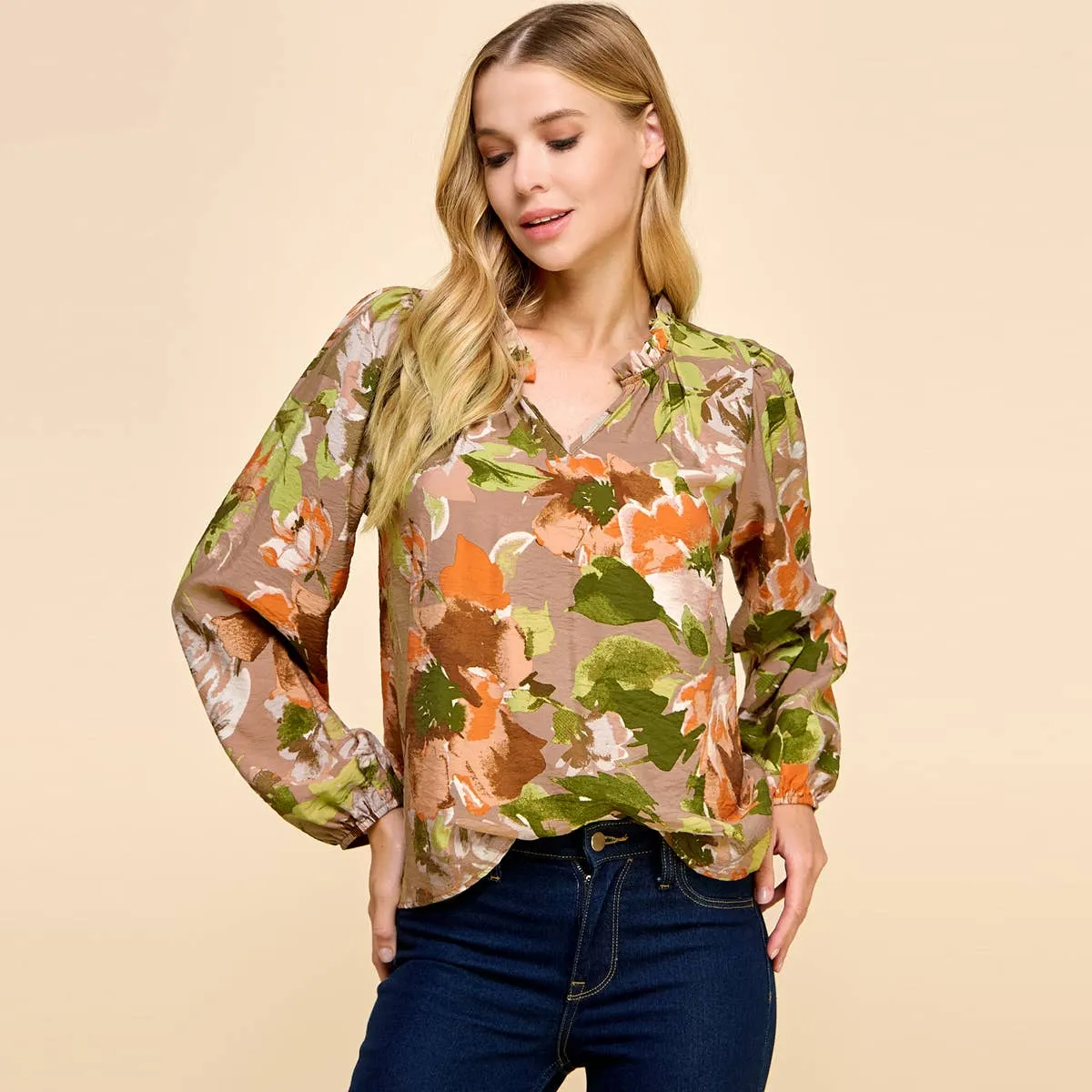 Floral Printed Long Sleeves Top Ruffled V Neck Detail